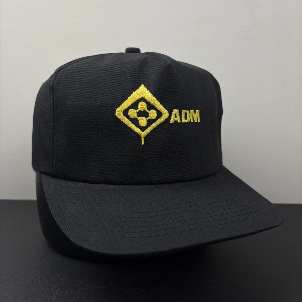 Vintage 90s ADM Archer Daniels Midland Trucker Hat Black Yellow Snapback Cap